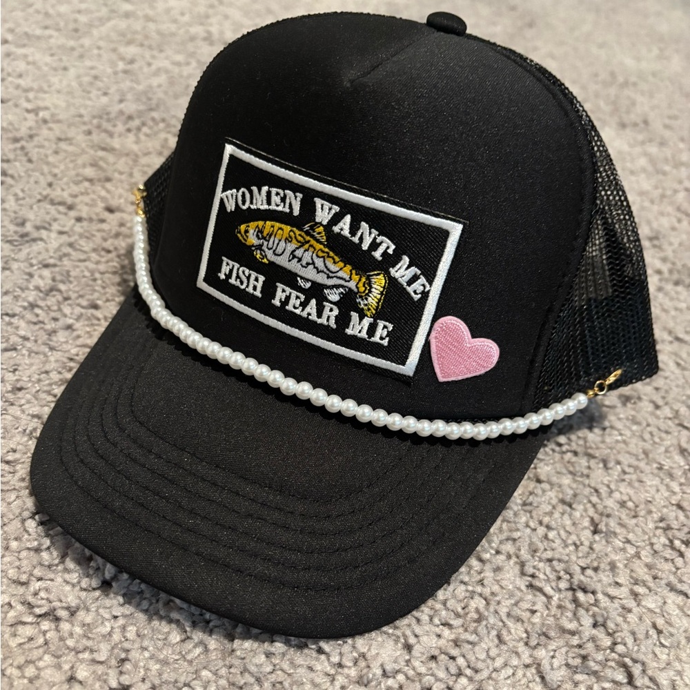 Custom trucker hat with pearl chain and patches -Women Want Me Fish Fear Me